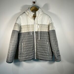 Original Fables Colorblock Puffer Jacket Hooded Full Zip XLarge Gray White